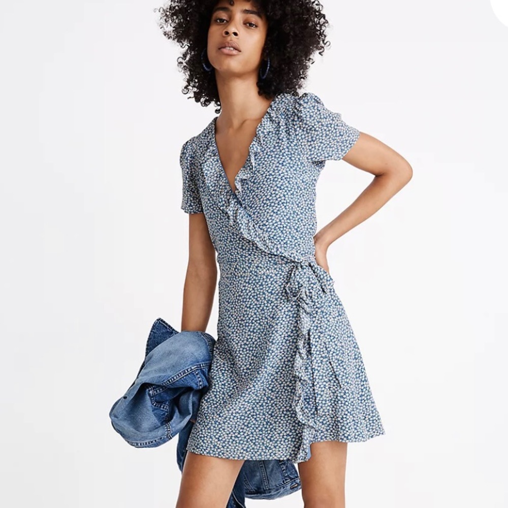 Madewell Blue Silk Floral Wrap Dress